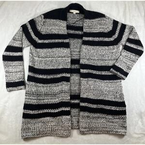 Ann Taylor Loft Sweater Cardigan Oversized Large Black Gray Striped Preppy Long